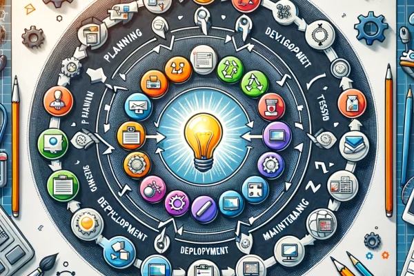 DALL·E 2024-03-25 01.48.20 - An image representing 'Full Lifecycle Management' in custom software development_ Visualize a circular flow chart that illustrates the complete lifecy