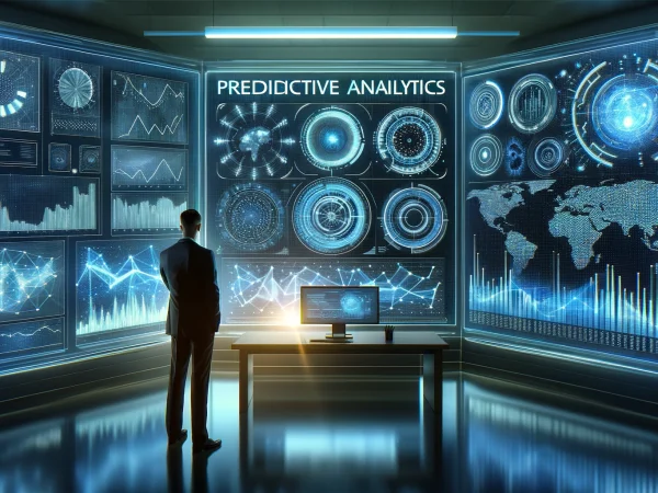 DALL·E 2024-03-25 01.55.28 - An image representing 'Predictive Analytics' in Data Analytics & Business Intelligence_ Visualize an analyst gazing into a screen showcasing futuristi