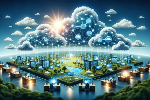 DALL·E 2024-03-25 01.58.55 - An image representing 'Hybrid and Multi-Cloud Strategies' in Cloud Computing Services_ Picture a landscape where different cloud structures, such as p